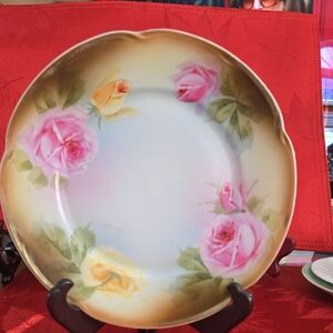 J & C Floral Porcelain Plate with Pink and Yellow Rose Design